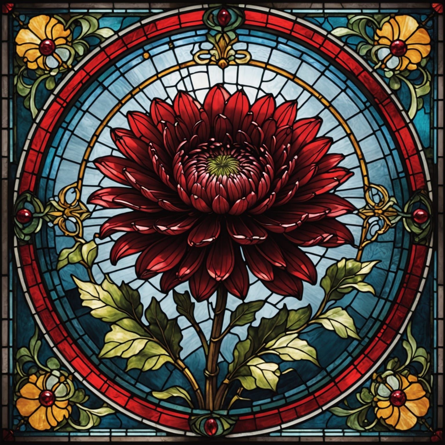 Art Nouveau Stained Glass Window of Ruby Red Chrysanthemum B...