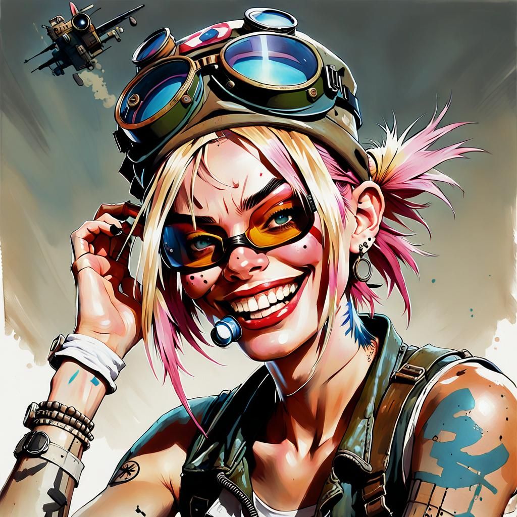 an original painting of Jamie Hewlett’s Tank Girl wearing a hat and goggles, illustrated & painted by Simon Bisley, Arts...
