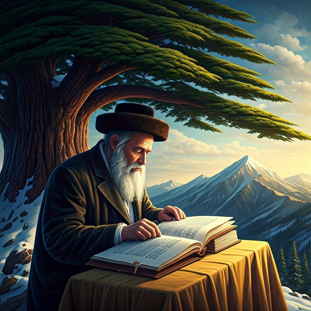 Hasidic Jew Studies Torah in Hyperrealistic Mountain Scene