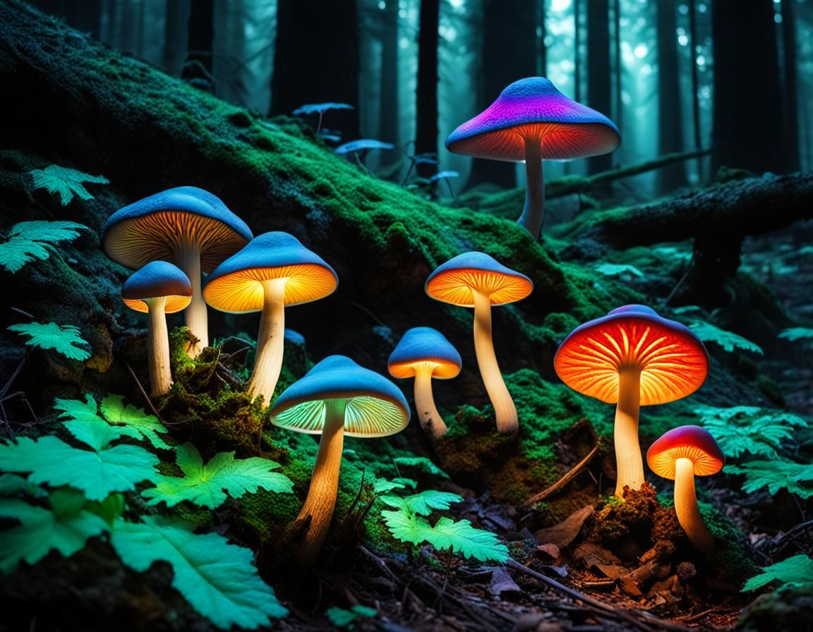 Glowing Multicolored Mushrooms in Deep Forest
