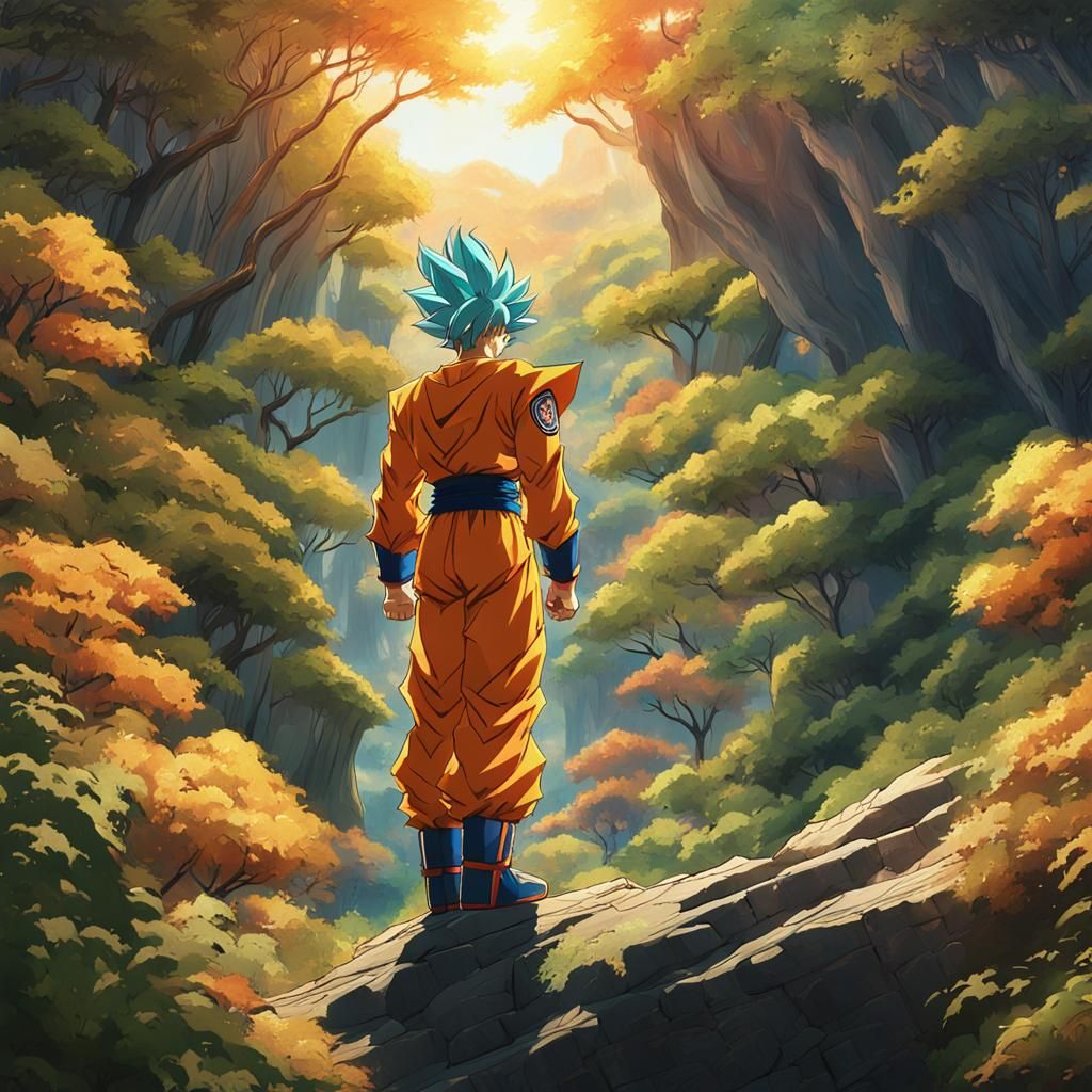 Goku in Suit Posing Dramatically in Forest