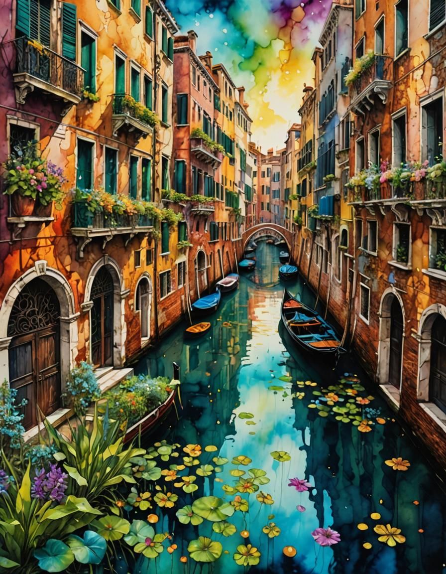 Venice's Canal Grande in Hyperrealistic Alcohol Ink