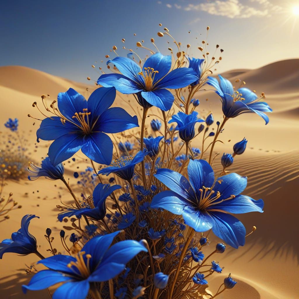 Blue Flowers Dance in Golden Desert Wind