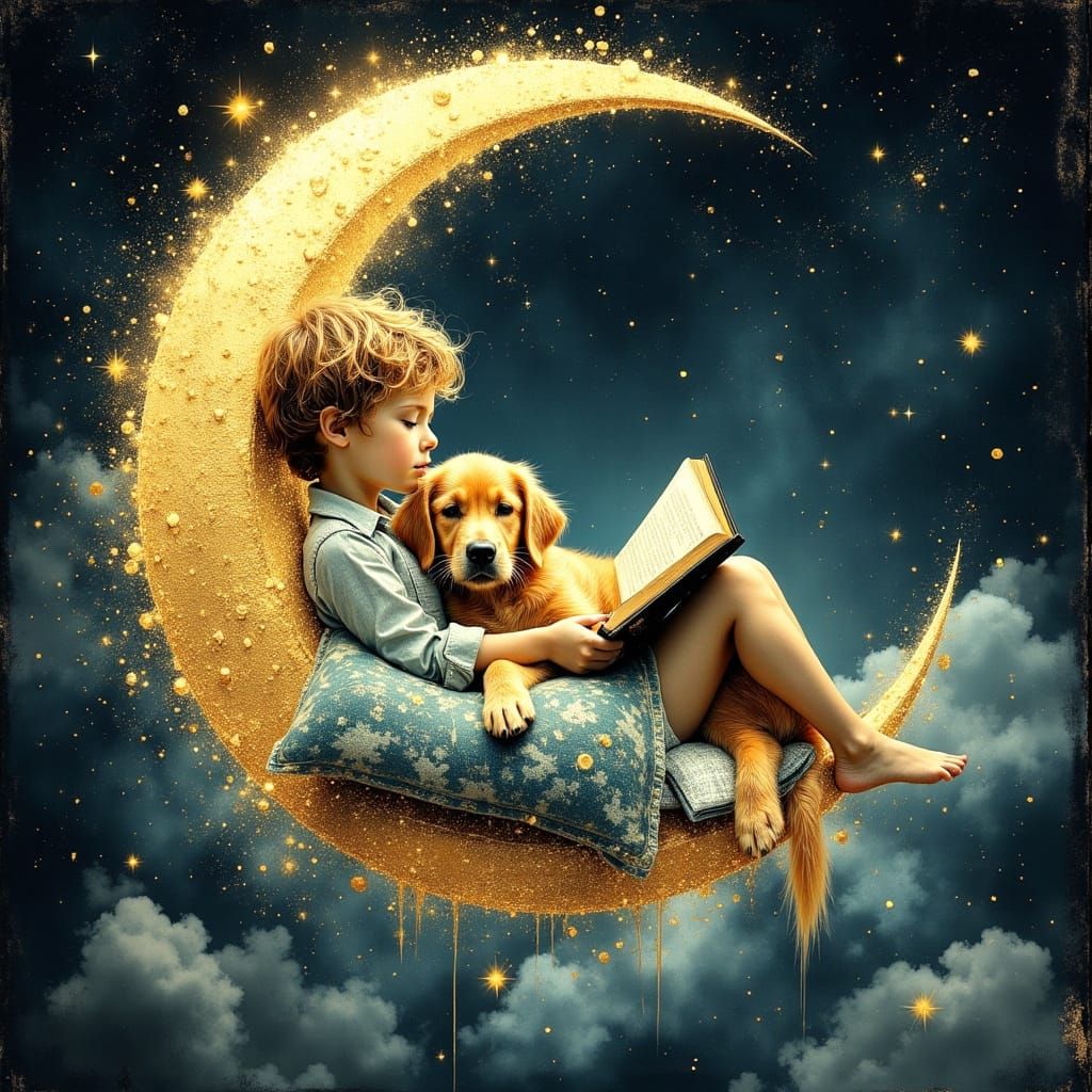 Ethereal Boy and Golden Companion in Weightless Wonder