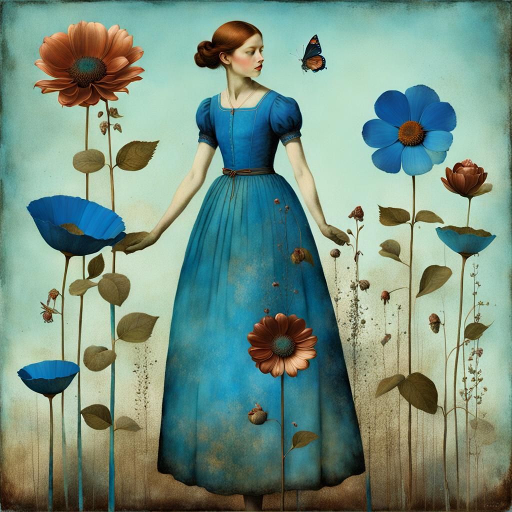 Blue Copper Flower Digital Collage Art