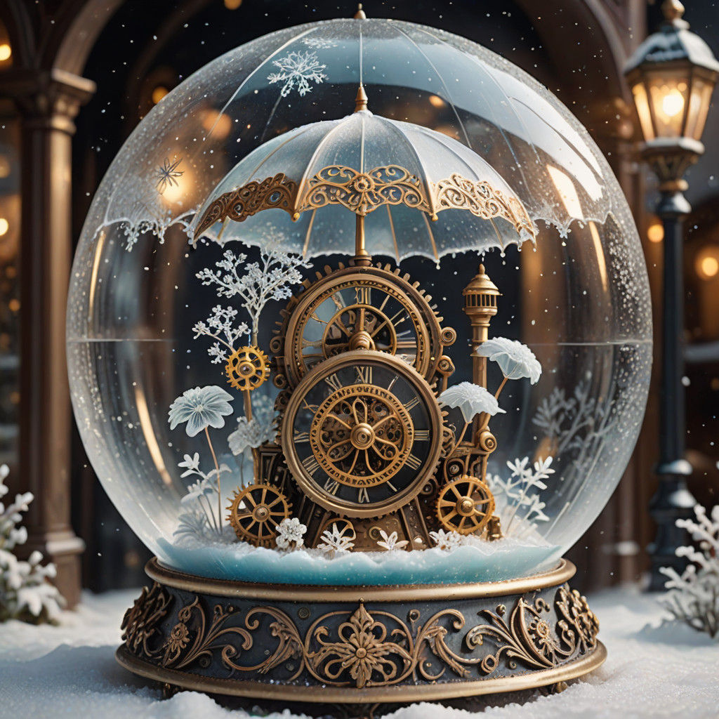 Steampunk Umbrella in Enchanted Snow Globe with Frosty Bloom...