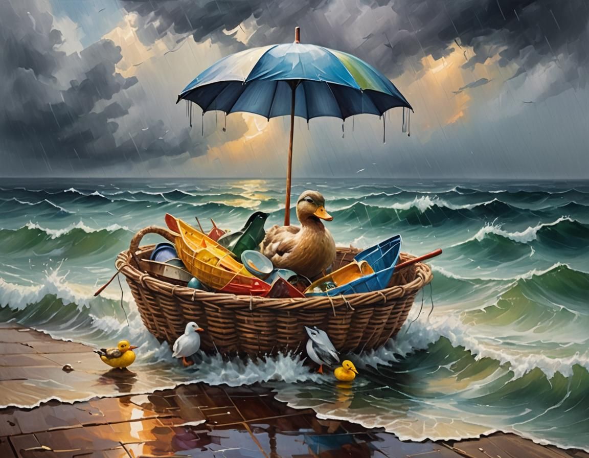 Basket Sails Stormy Seas: Colorful Oil Painting
