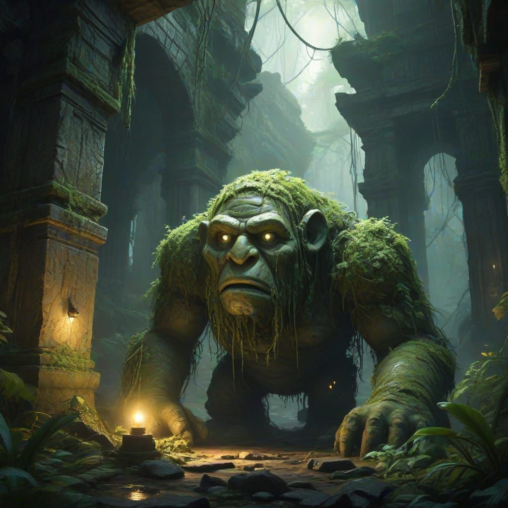 Mossy Golem Awakens in Ancient Jungle Temple