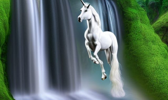 Woman on Unicorn Emerging from Waterfall