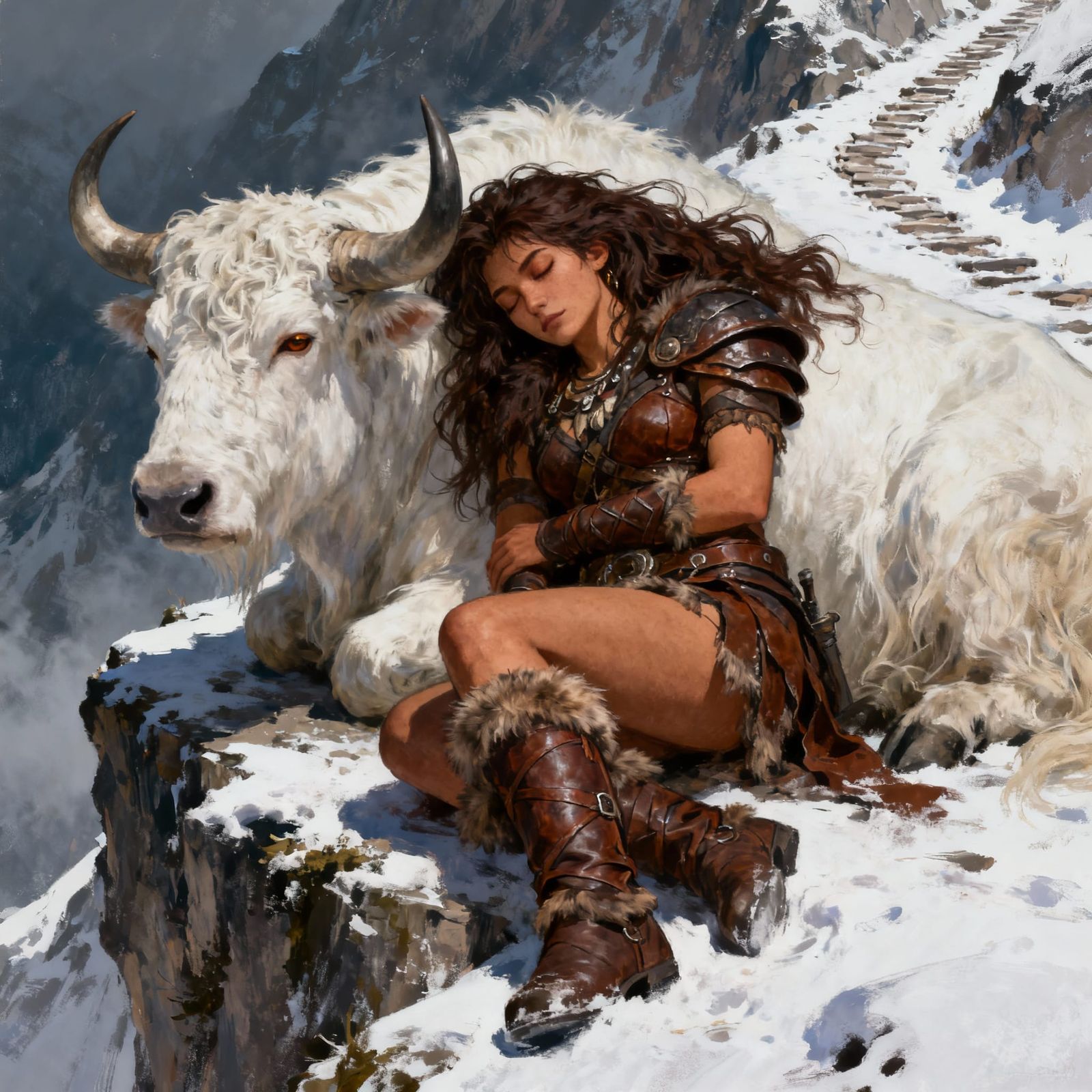 Barbarian Warrioress Rests with War Yak on Snowy Ledge