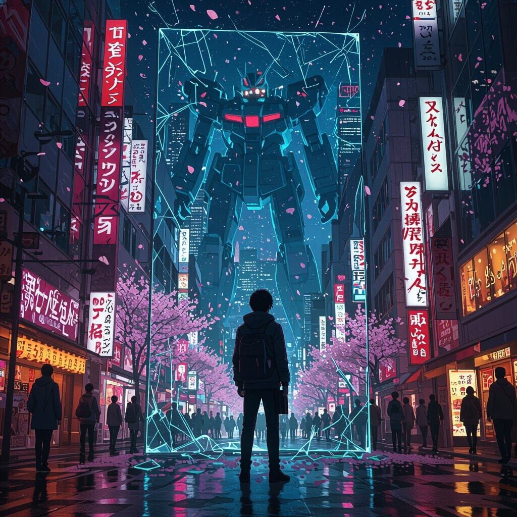 Tokyo Street Merging with Anime, Surreal Glow Effects