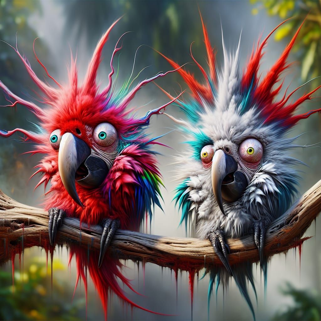 Comical Disheveled Parrots in Surreal Airbrush Art