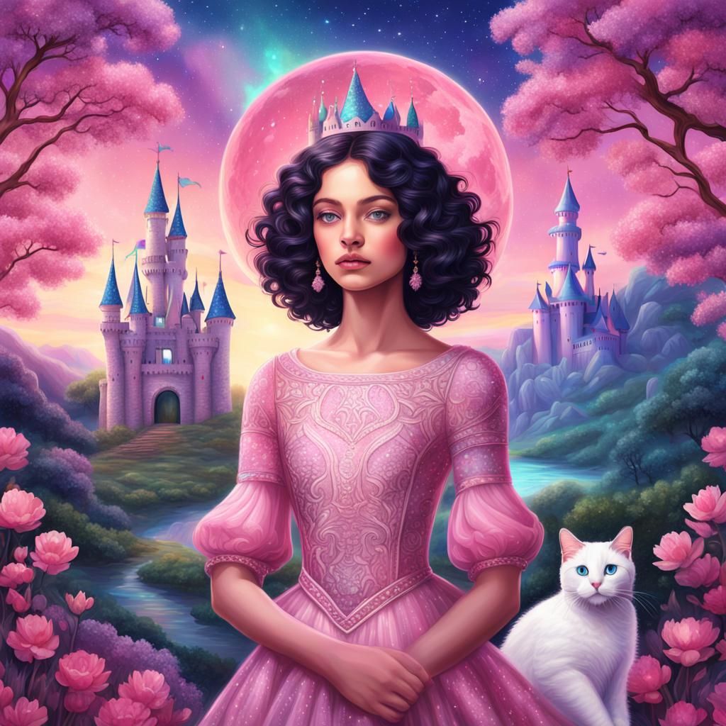 Princess with Cat in Fantasy Castle Illustration