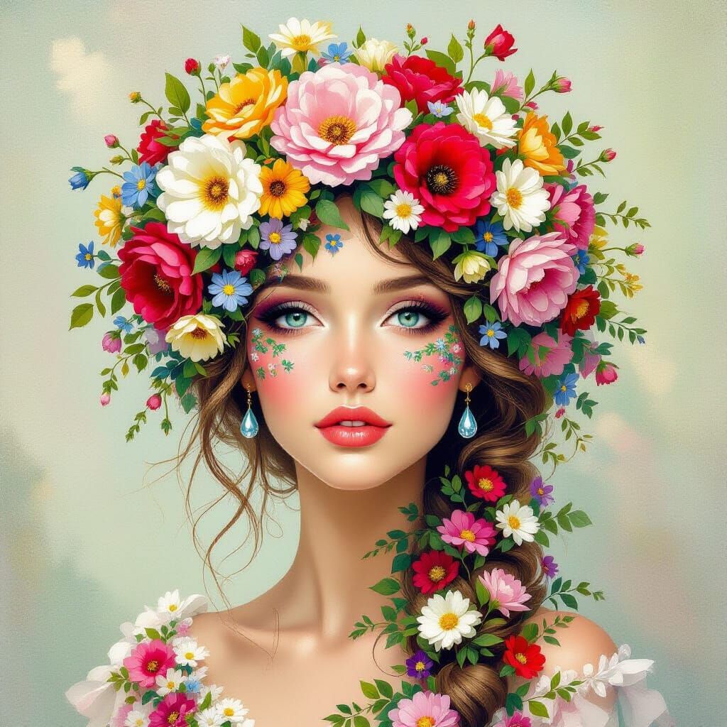 Whimsical Floral Woman Portrait in Impressionist Surrealist ...