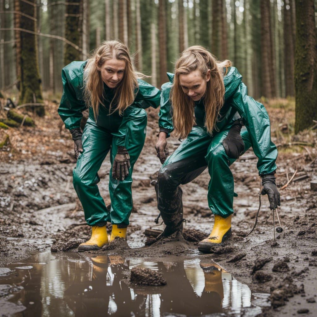Women Playfully Covered in Mud in Forest