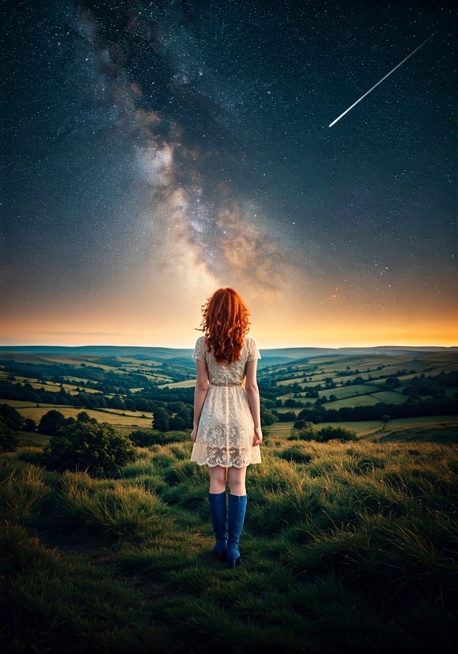 Woman in Lace Dress Under Starry Sky