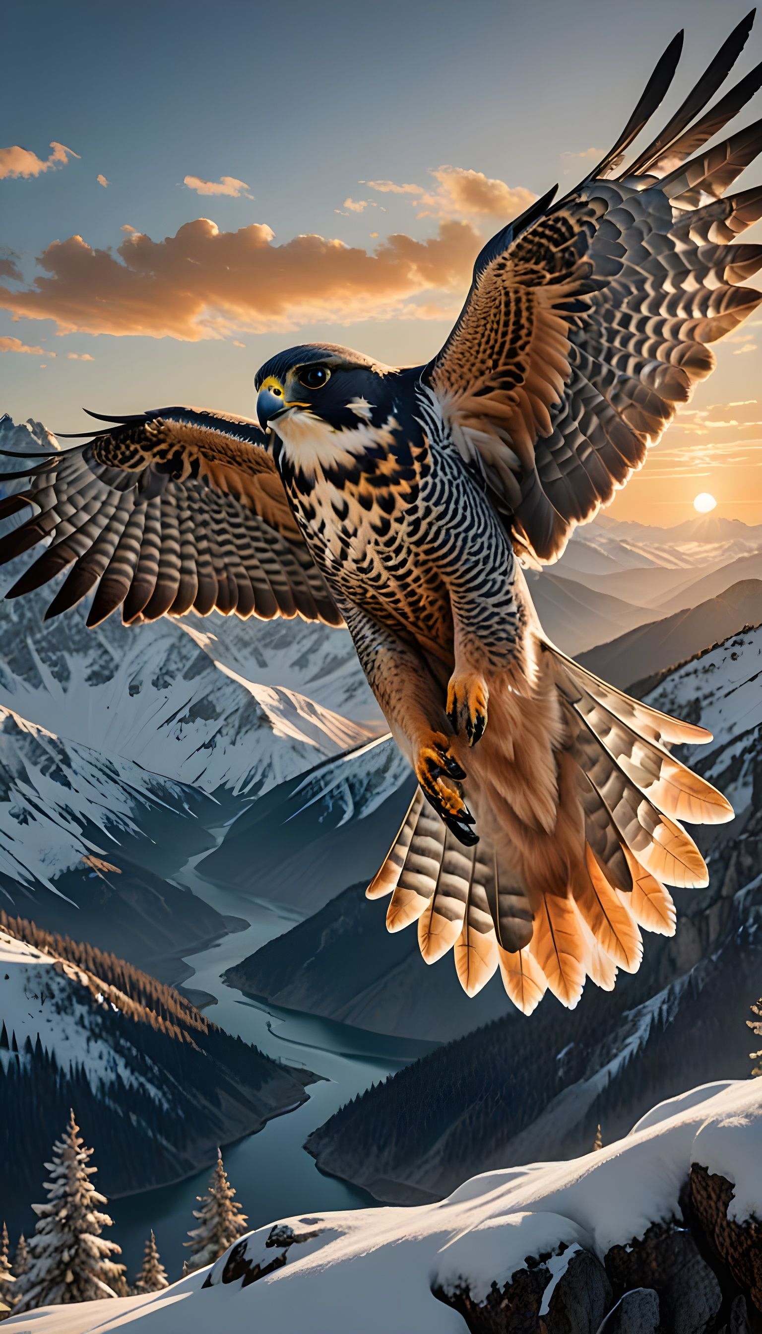Majestic Peregrine Falcon Soars Above Vast Mountain Ranges i...