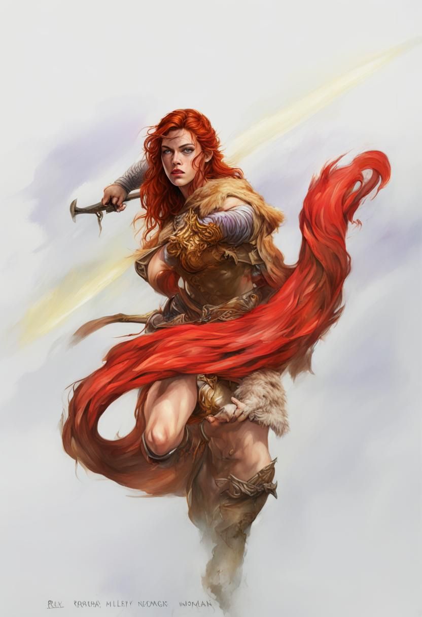 Red Sonja in Woodlands Battle, Hyperrealistic Oil Painting