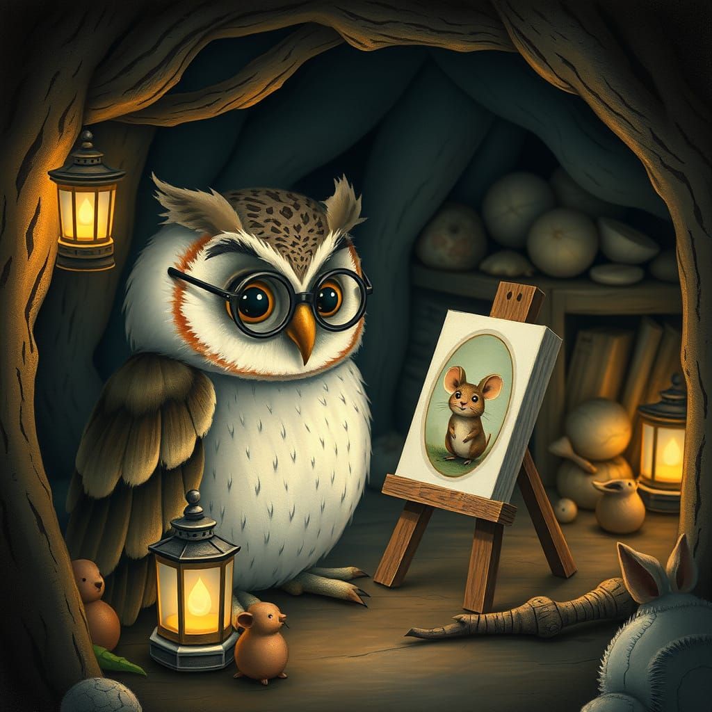 Wise Owl Paints Mouse Portrait in Cozy Forest Hollow