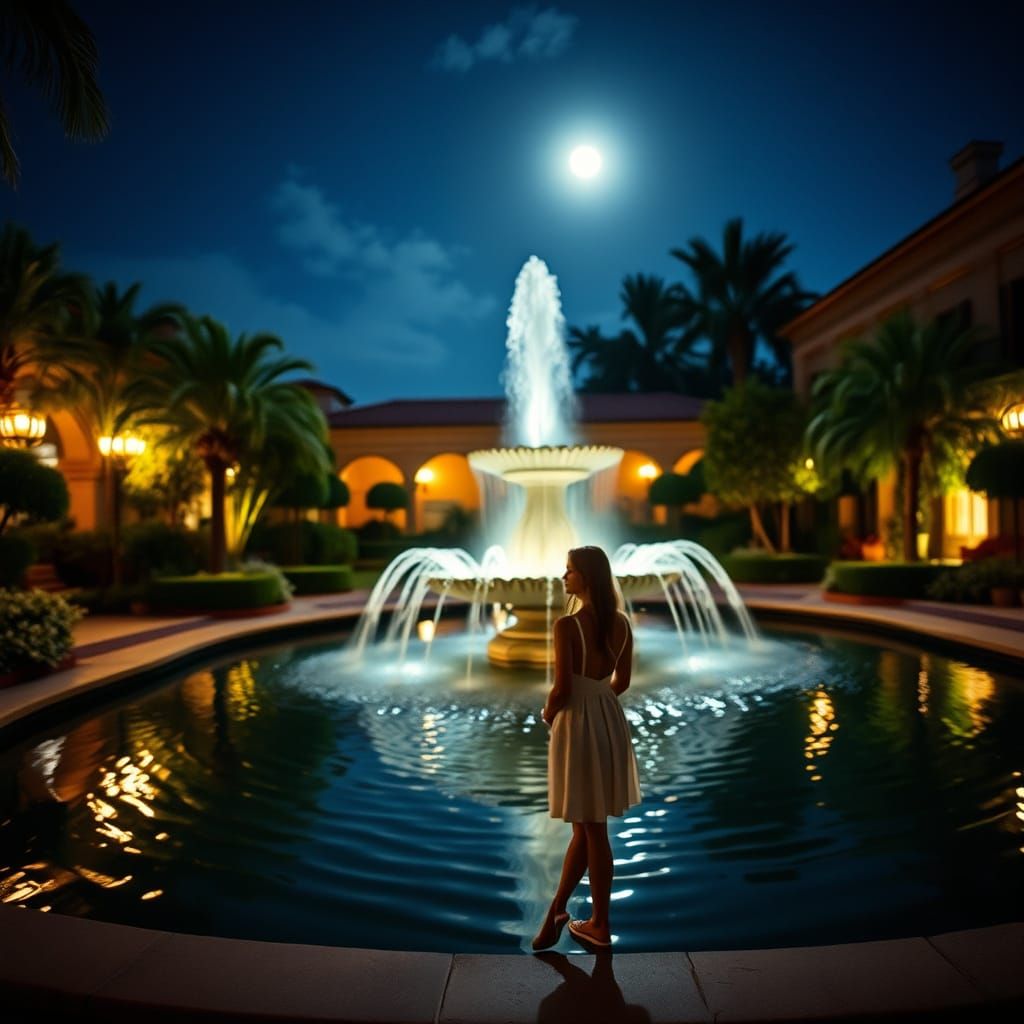 Luminous Fountain in Moonlit Courtyard, Photography Style