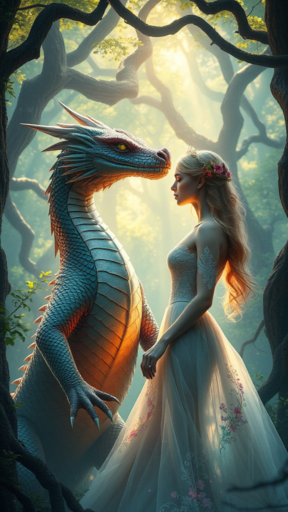 Dragon and Princess in Enchanted Forest Art Nouveau