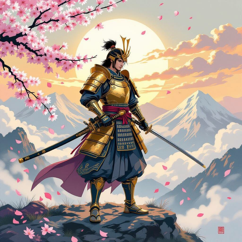 Samurai Warrior on Misty Peak in Art Nouveau Style