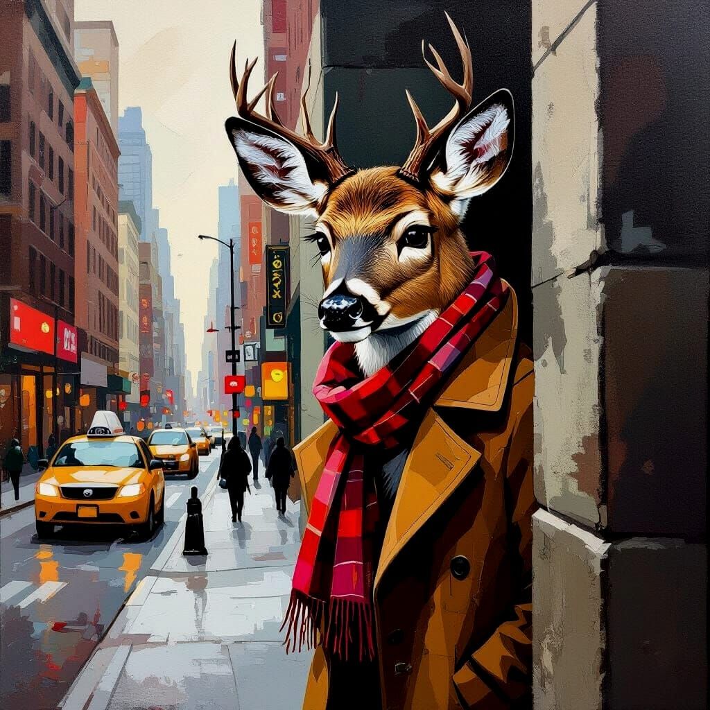 Deer Peeking in New York as Oil Painting