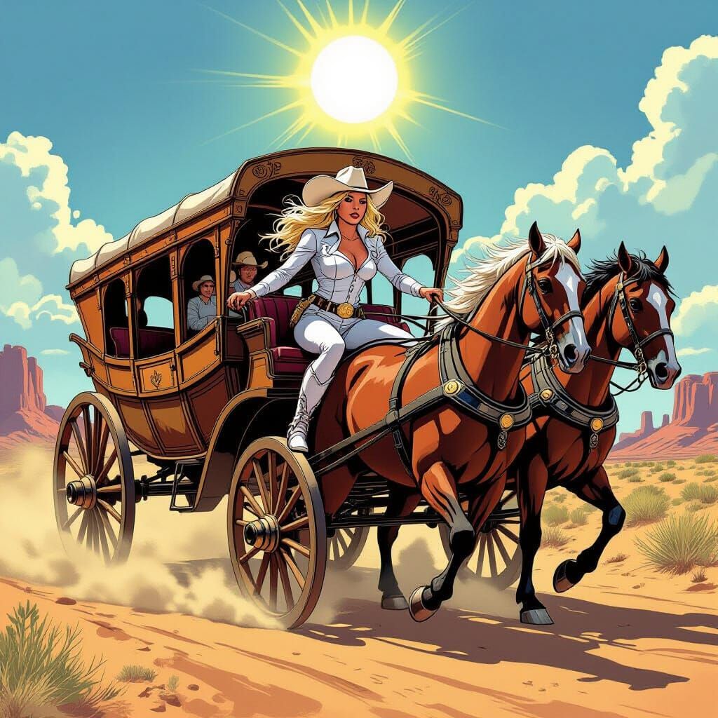 Cowgirl Drives Stagecoach in Comic Book Style