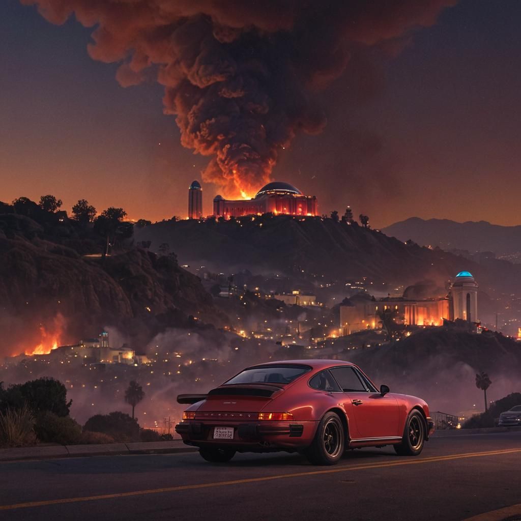 Los Angeles, street view, 1983, Griffith Observatory, nighti...