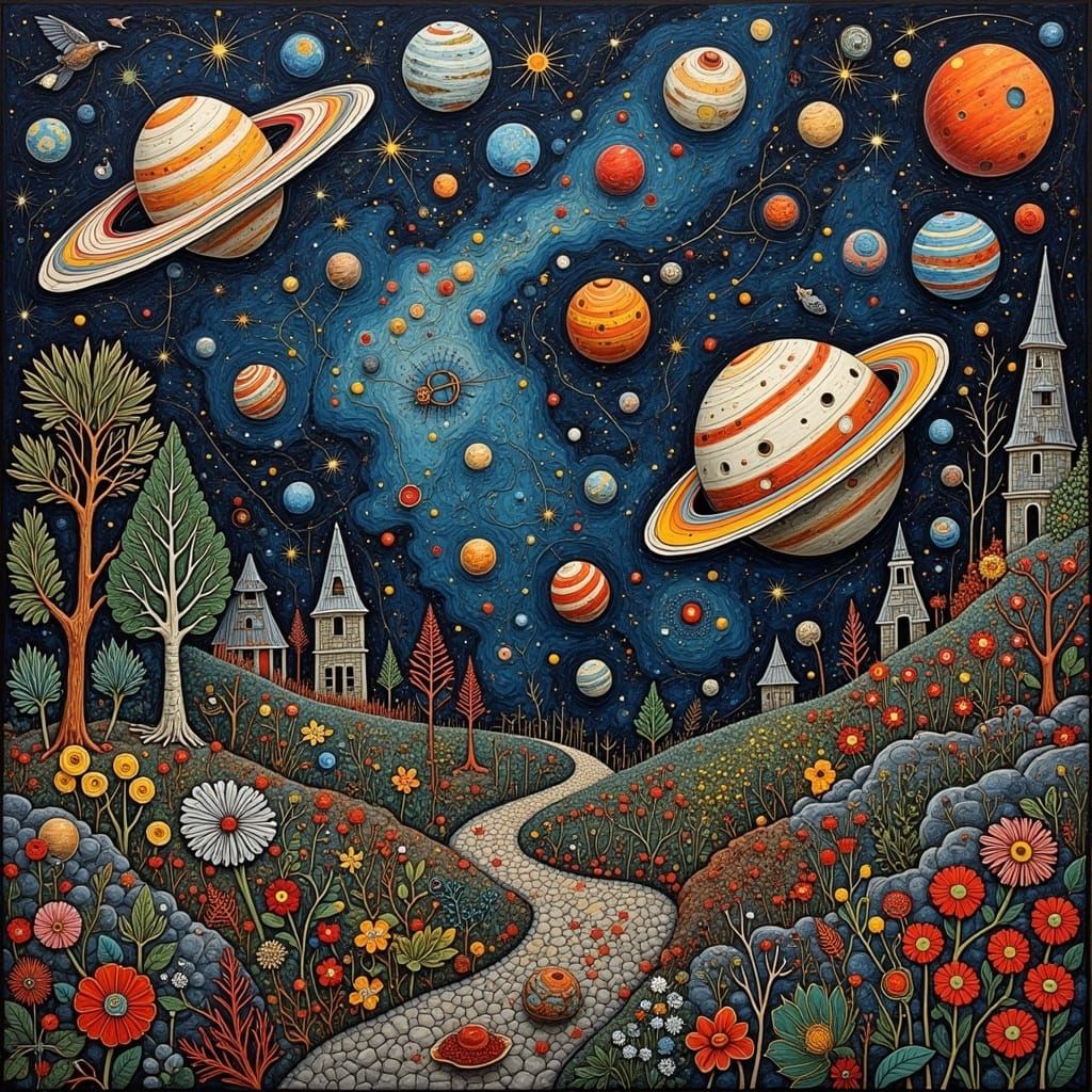Cosmic Garden: Planets and Stars in Oil Painting