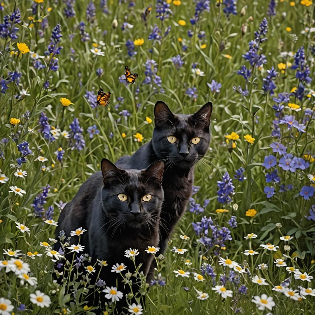 Black Cat Portrait in Spring Meadow with Butterflies