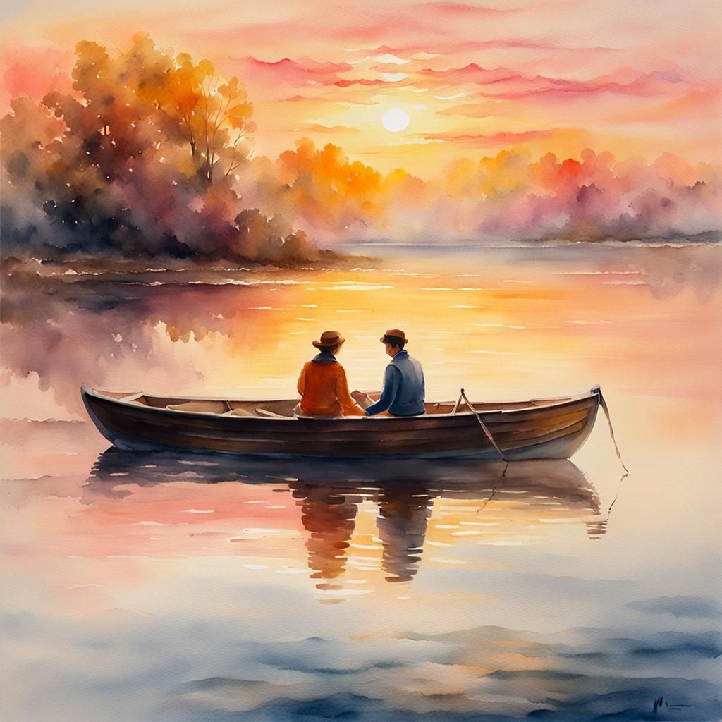 Romantic Couple on Lake at Sunset: Watercolour Painting