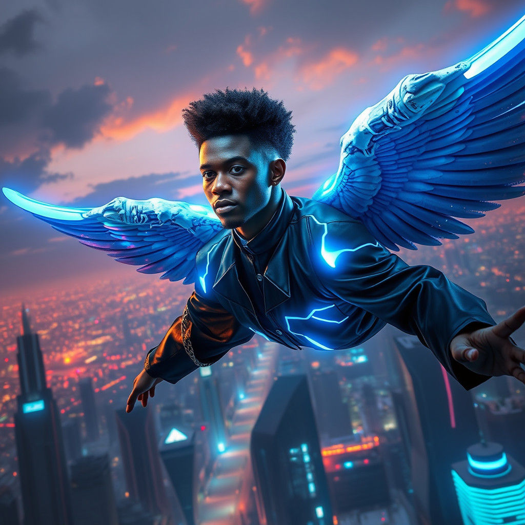 Electric Blue-Winged Angel Flies Over Neon City