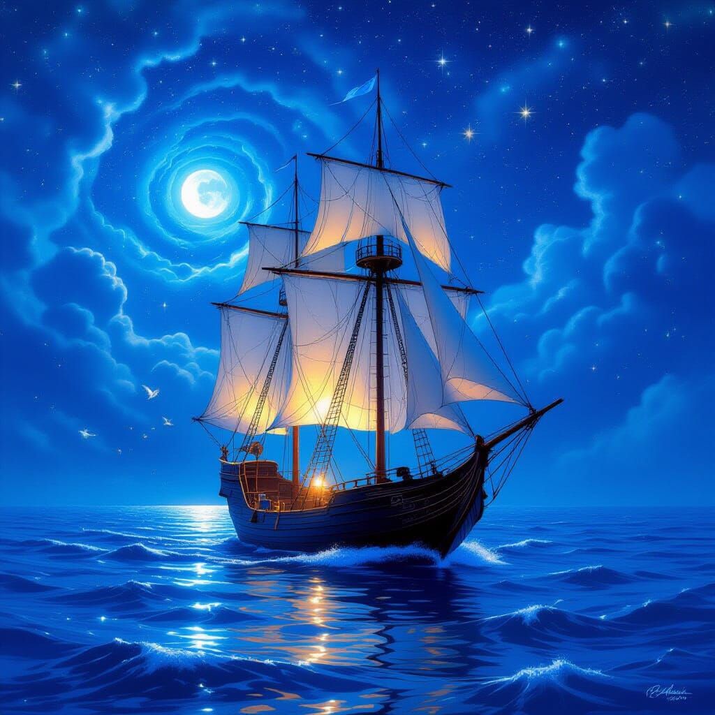 Mystical Sailing Ship Under a Celestial Starry Ocean