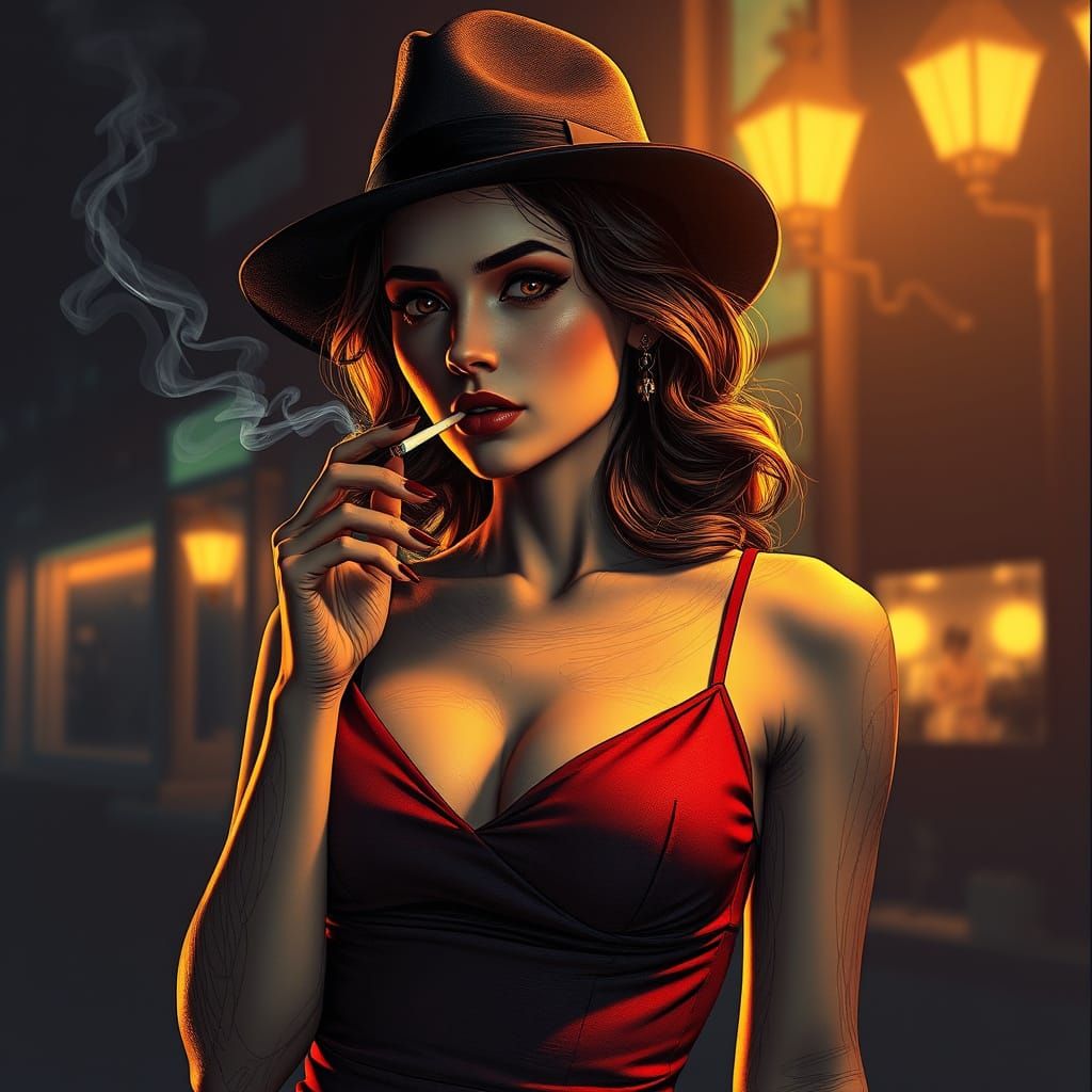 Sultry Femme Fatale in Film Noir Style Concept Art