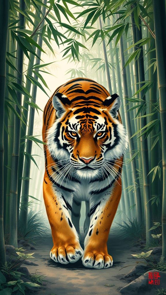 Majestic Tiger in Bamboo Jungle, Qing Dynasty Style