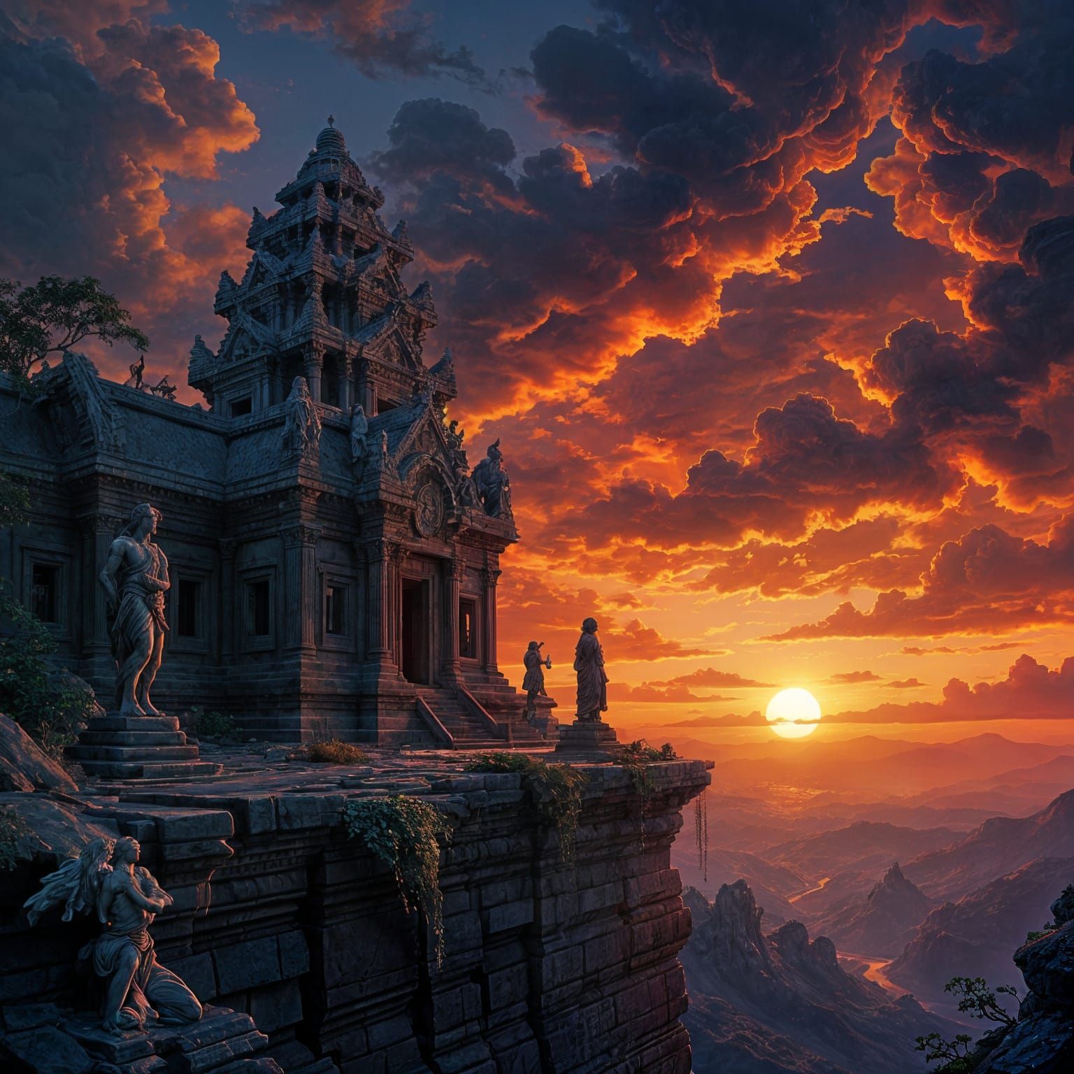 Cliffside Temple at Sunset in Hyperrealistic Style