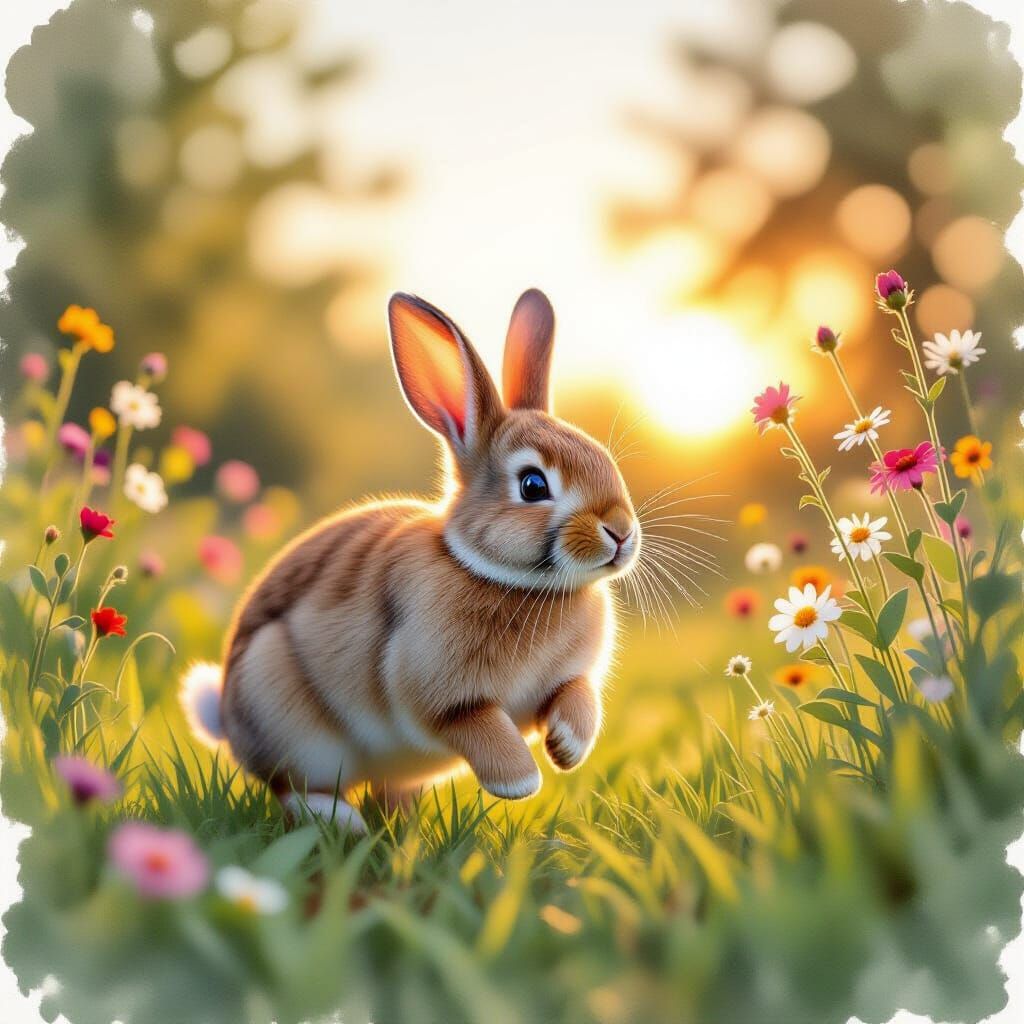 Realistic Rabbit Bounding Through Garden at Sunset