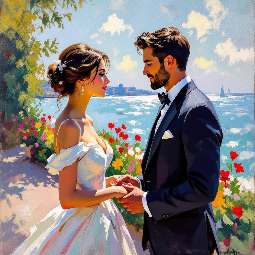 Elegant Woman Meets Man in Romantic Impressionist Scene