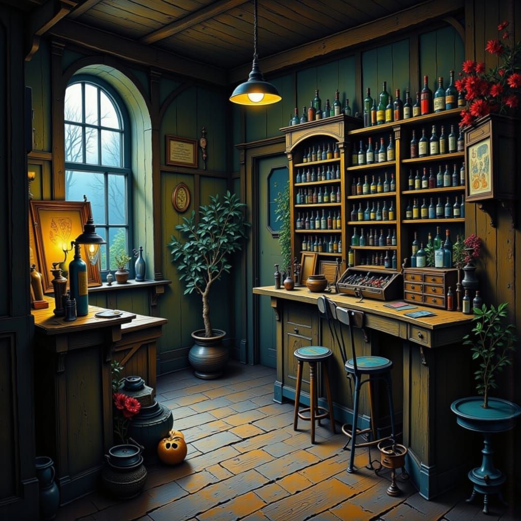 Mysterious Shop Interior with Bottles in Atmospheric Lightin...