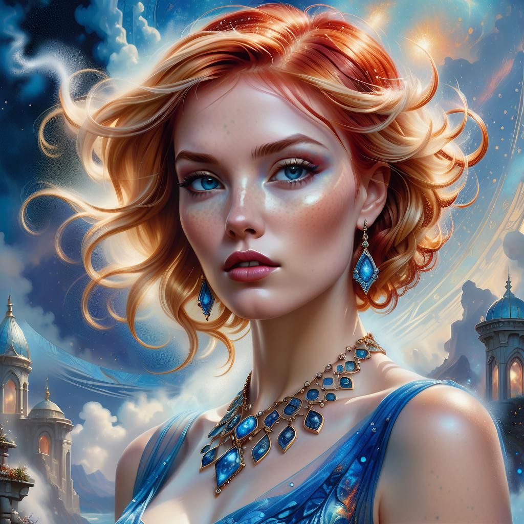 Young women with Short Blond Red hair in a Blue Dress