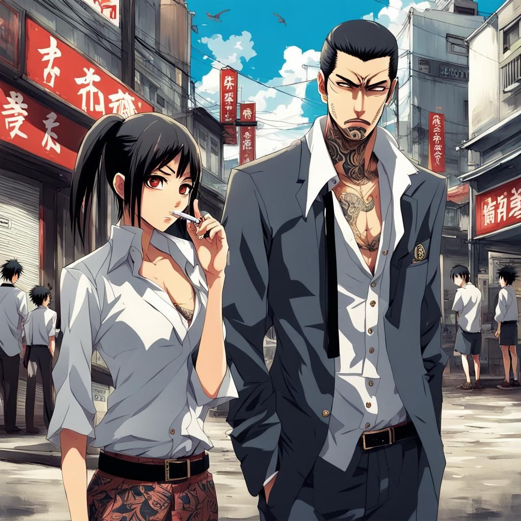Yakuza Couple Smoking: Anime-Style Illustration