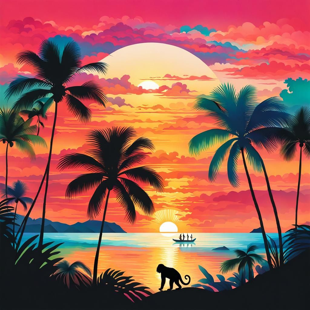 Kaleidoscopic Sunset Silhouettes in Hyperrealism