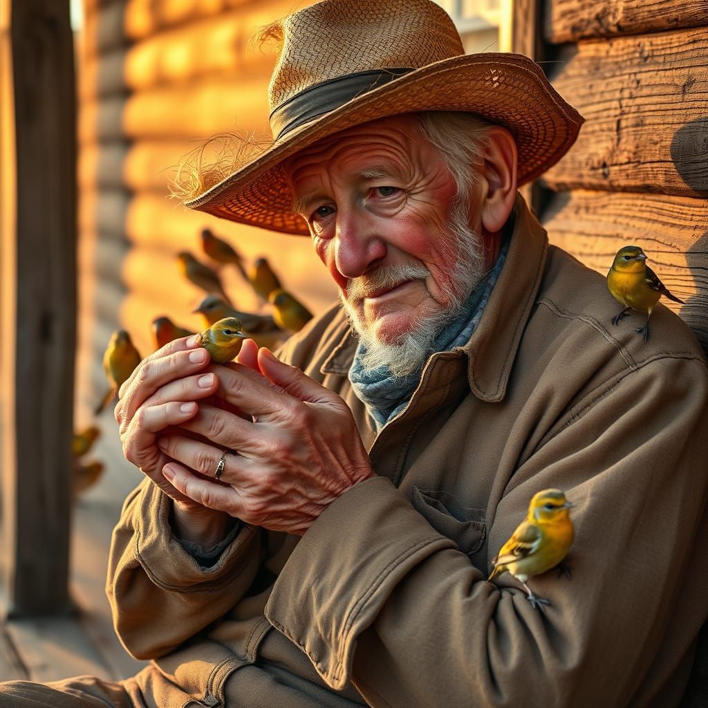 Serene Elderly Bird Enthusiast Surrounded by Songbirds in Na...