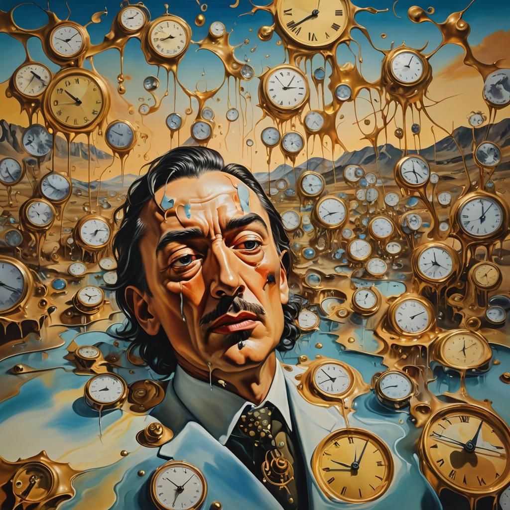 Surreal Portrait with Melting Clocks in Dream Landscape