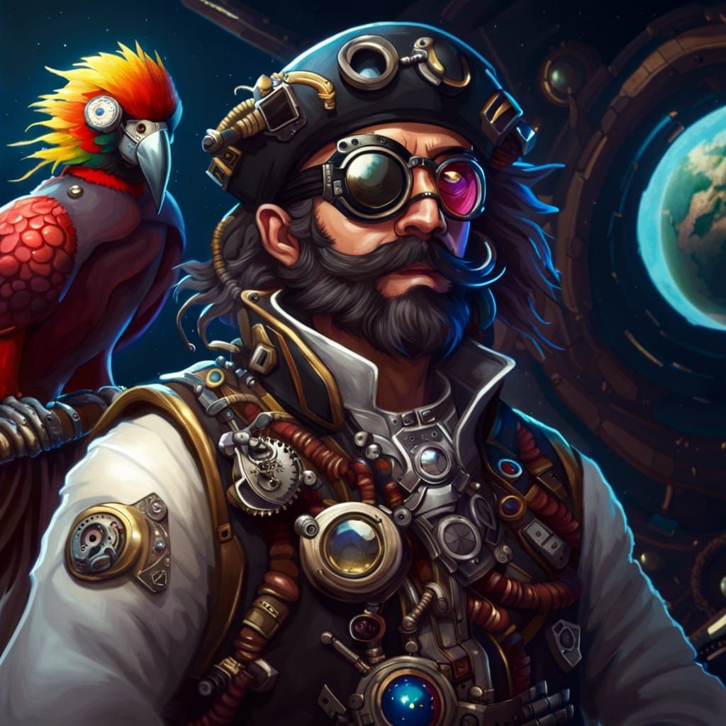 Steampunk Parrot and Astronaut Pirate in Space