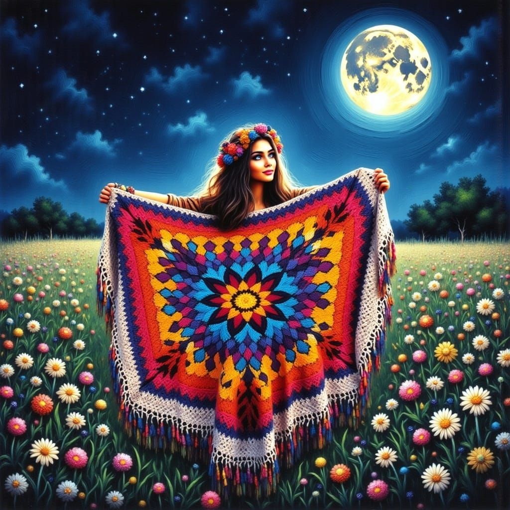 Hippie Woman with Crochet Blanket Under Starry Sky
