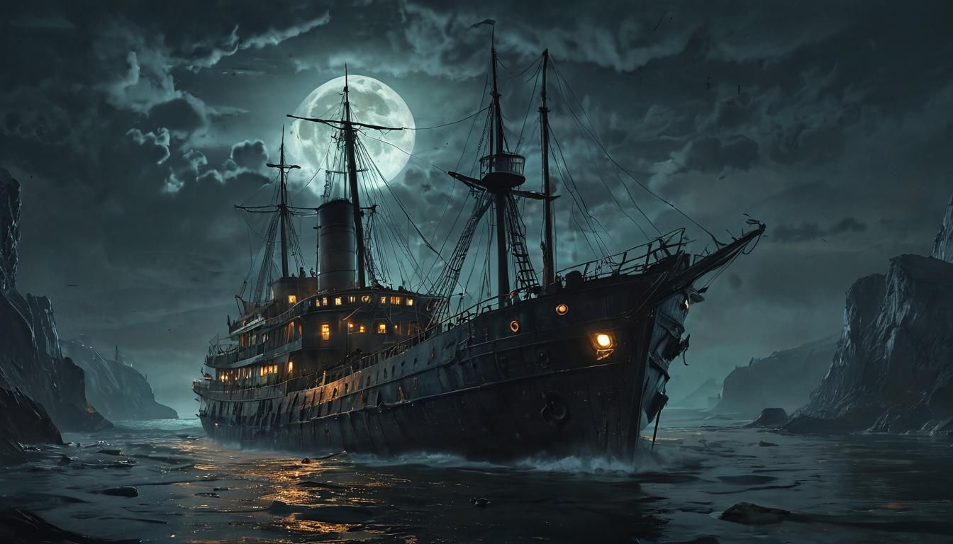 Ghostly Steamship Sails Under Ominous Moon