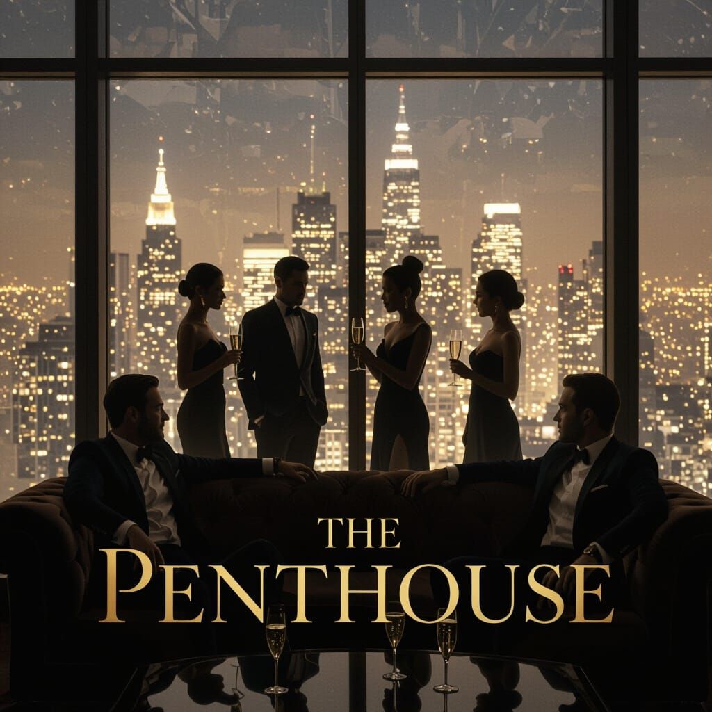 Night Cityscape Through Penthouse Window with Silhouetted Fi...