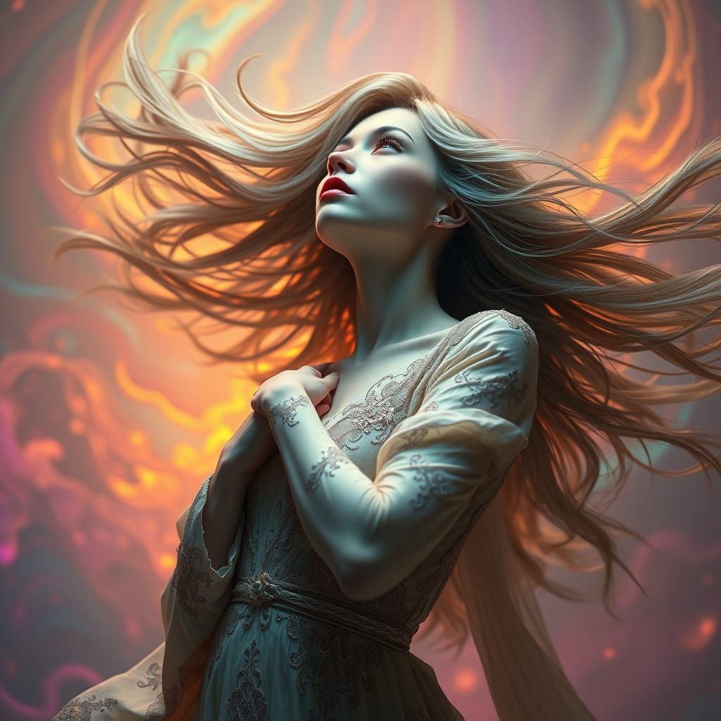 Ethereal Goddess in Whirling, Iridescent Realms